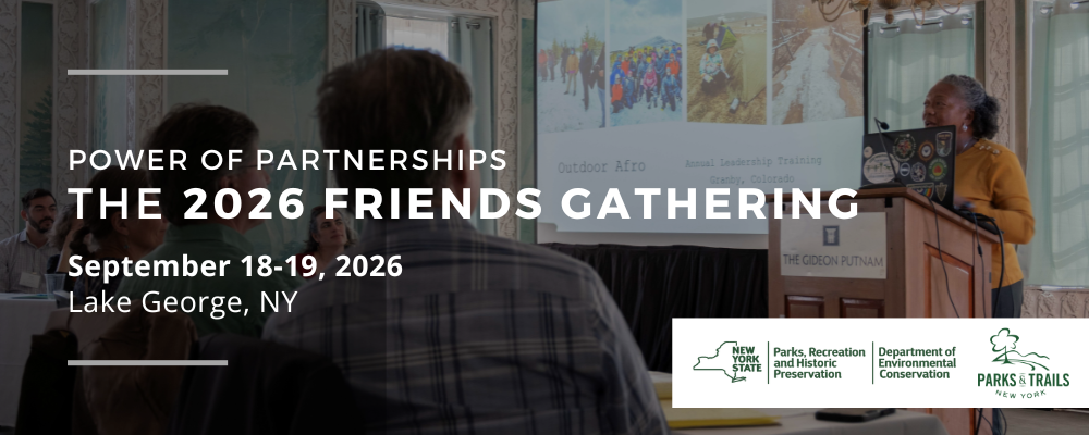 Banner with text overlaying a photo from 2024 Friends Conference